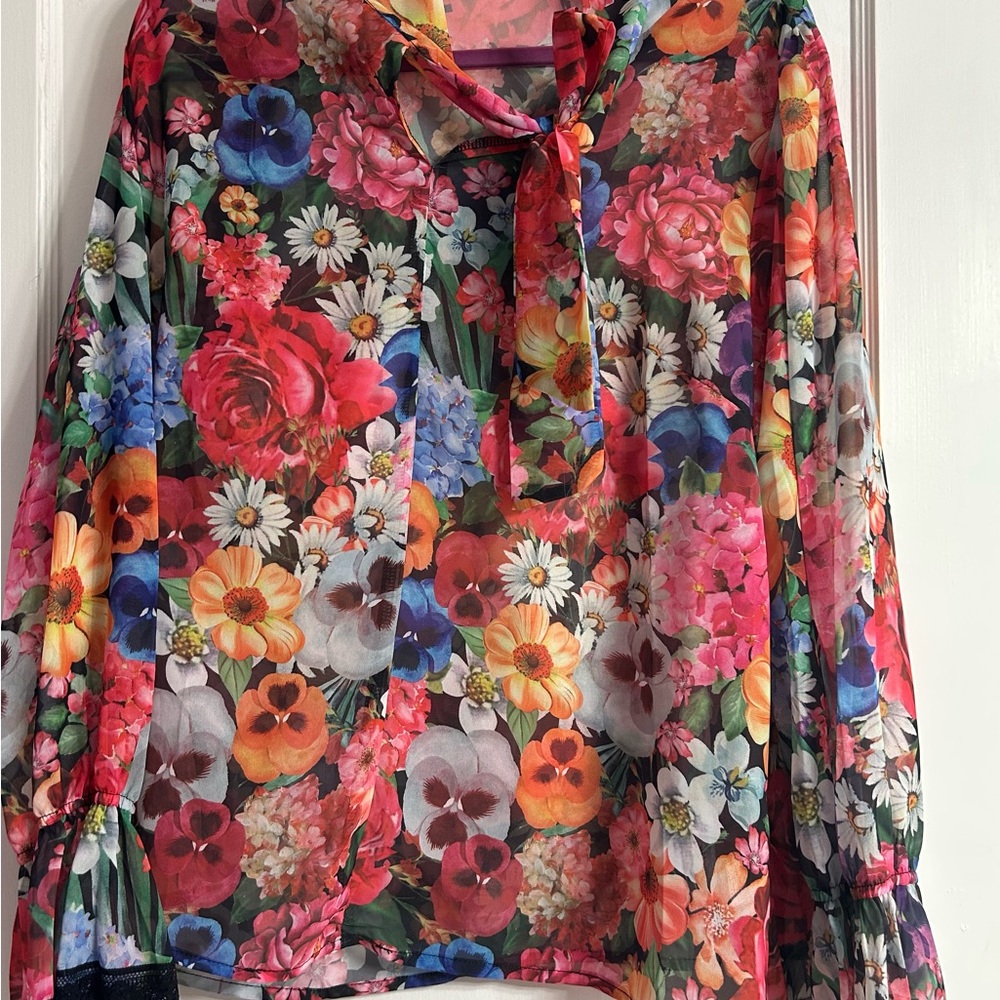 Floral Sheer Blouse with Tie Neck